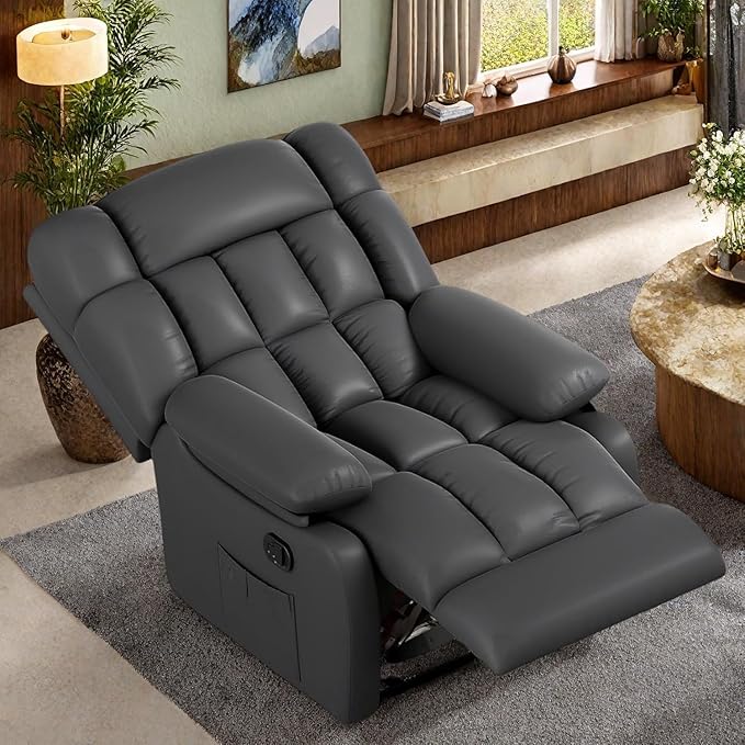 Oversized Recliner Chair, Leather Adjustable Recliner with Side Pockets, Living Room Reclining Lounge Chair for Adults, Small Spaces Comfy Sofa with Theater Seating for Bedroom, Black