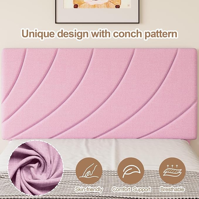 HOMBCK Twin Bed Frames for Kids, Bed Frame Twin with Linen Fabric Upholstered Headboard and Wooden Slats Support,Adiustable Headboard, No Box Spring Needed, Noise-Free, Easy Assembly, Pink