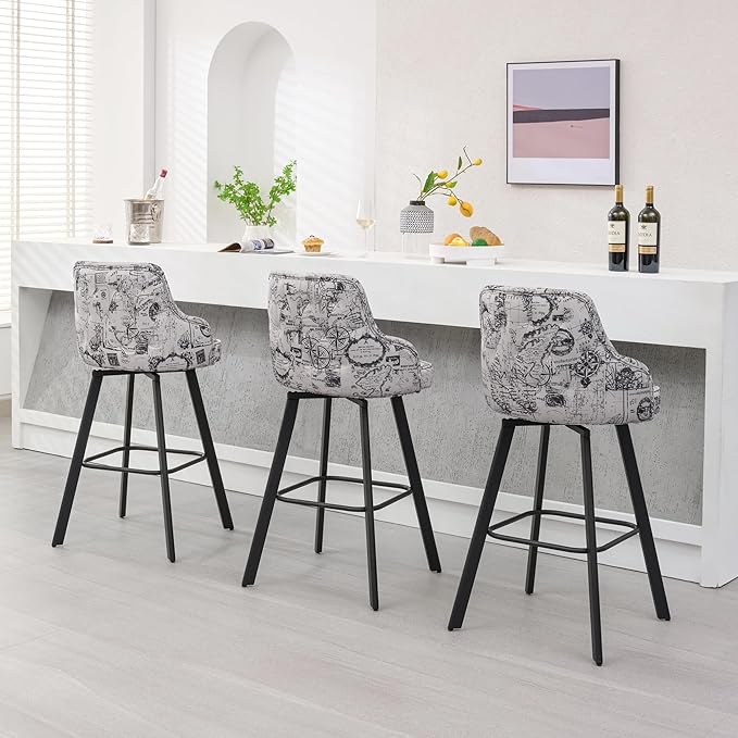 Bar Stools Set of 3, 30" Swivel Bar Height Bar Stools with High Back, Linen Kitchen Barstool Bar Height for Kitchen Island (Beige (Nautical Print), 3PCS 30" Bar Stool)