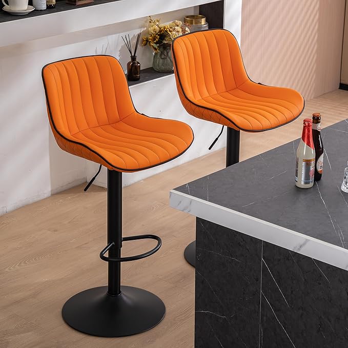 YOUNUOKE Orange Bar Stools Set of 2, Height Adjustable, 360° Swivel, Faux Leather Upholstered Barstools with Back, Mid-Century Modern Design, Stools for Kitchen Island, Home Bar, Bistro, Restaurant