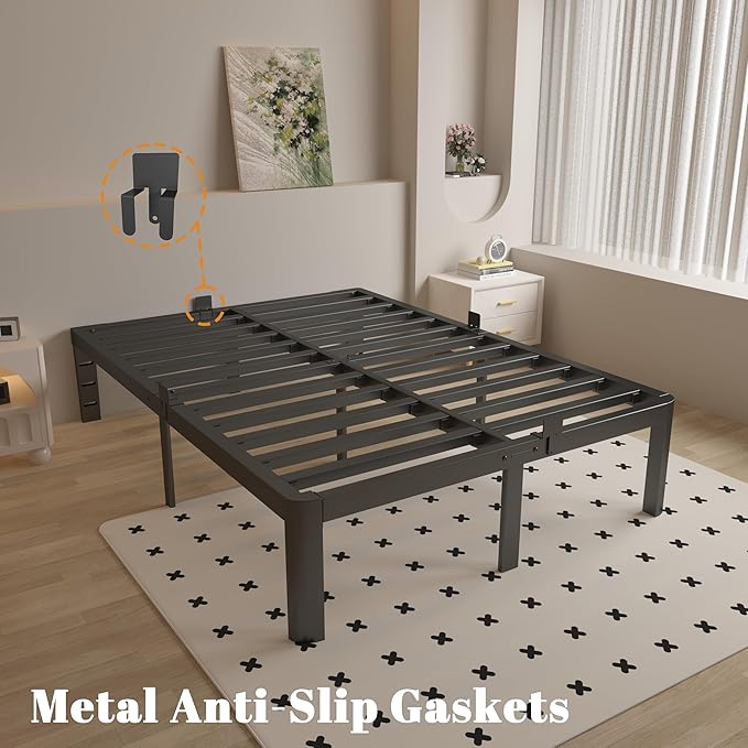 Full Size Bed Frame 16 Inch Black, Metal Platform Full Bed Frame with Baffles, No Box Spring Needed, Heavy Duty Steel Supprt, Rounded Corner Design, Reserved Holes, Noiseless, Easy Assembly