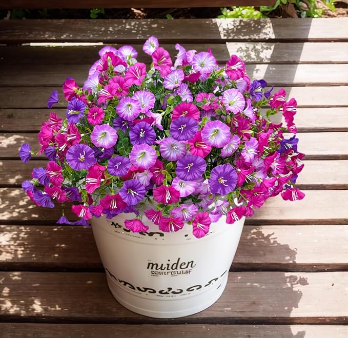 Artificial Flowers for Outdoor, Fake Flowers Faux Plants for Outside Indoor, 4PCS Summer Decor, Morning Glory Petunia UV Resistant, for Garden Porch Window Box Home Planters (Dark&Light Purple Bulk)