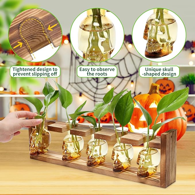 Plant Terrarium Propagation Stations Halloween Skull Planter Vase Skulls Decor with Wooden Stand Gife for Father - 5 Vases