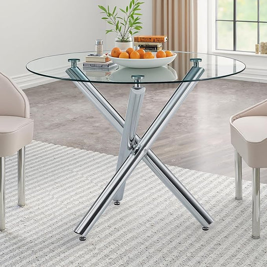 Kitchen Table Classic Dining Table for 4 Round Glass Dining Table 42" Kitchen & Dining Room Tables with Metal Legs and Glass Tabletop for Dining Room and Apartment, Silver