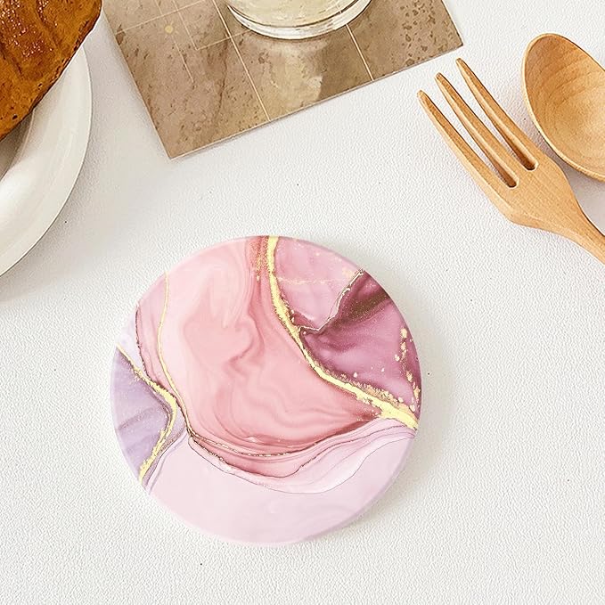 Drink Coasters Set of 4 with Holder Round Water Absorbent Pink Cute Marble Ceramic Coasters Tabletop Protection, Suitable for Various Mugs, Home Decor，Housewarming Gift, 4 Inch