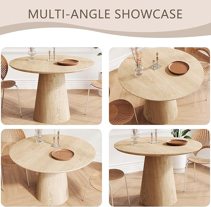43'' Round Dining Table for 4, Modern Wood Farmhouse Kitchen Table with Sturdy Cylindrical Pedastal, Dinner Tables for Dining Room, Living Room Wood