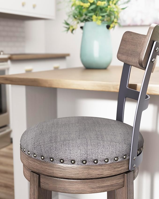 Signature Design by Ashley Caitbrook 24" Farmhouse Counter Height Upholstered Swivel Barstool, Gray