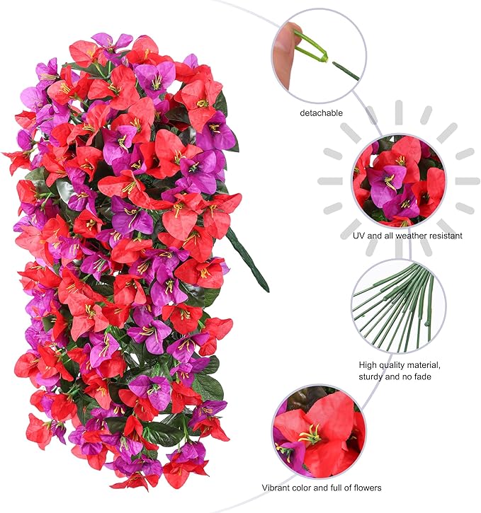 Bougainvillea Artificial Hanging Flowers Plants for Outdoors Decoration, 2pcs Fake Flowers Bougainvillea Vines Realistic UV Resistant Silk Flower for Outside Planter Porch Patio Yard Urn, Mix