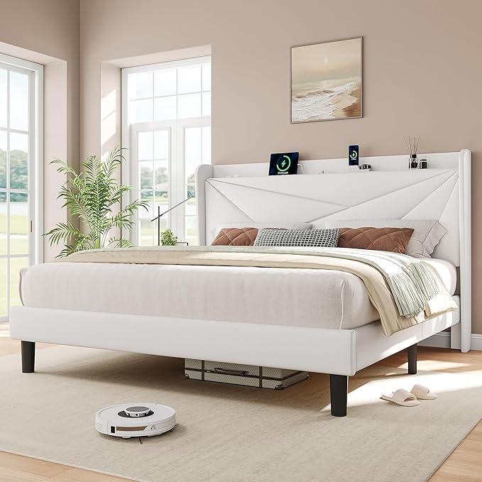 iPormis King Size Bed Frame with Charging Station, Velvet Platform Bed Frame with Wingback Headboard Upholstered Bedframe, Solid Wood Slats Support, No Box Spring Needed, Easy Assembly, White