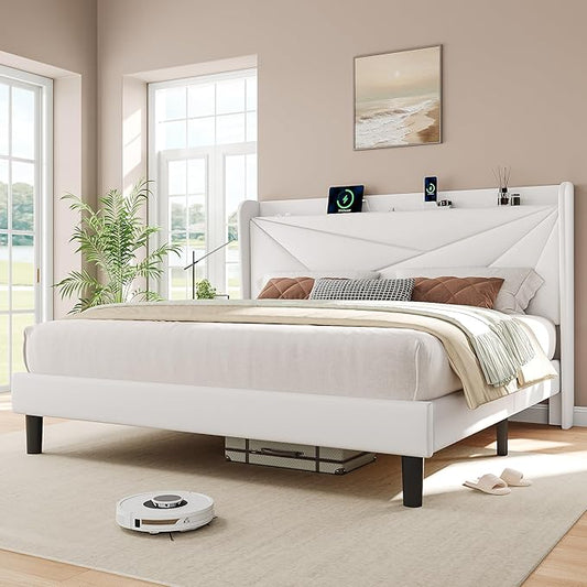 iPormis King Size Bed Frame with Charging Station, Velvet Platform Bed Frame with Wingback Headboard Upholstered Bedframe, Solid Wood Slats Support, No Box Spring Needed, Easy Assembly, White