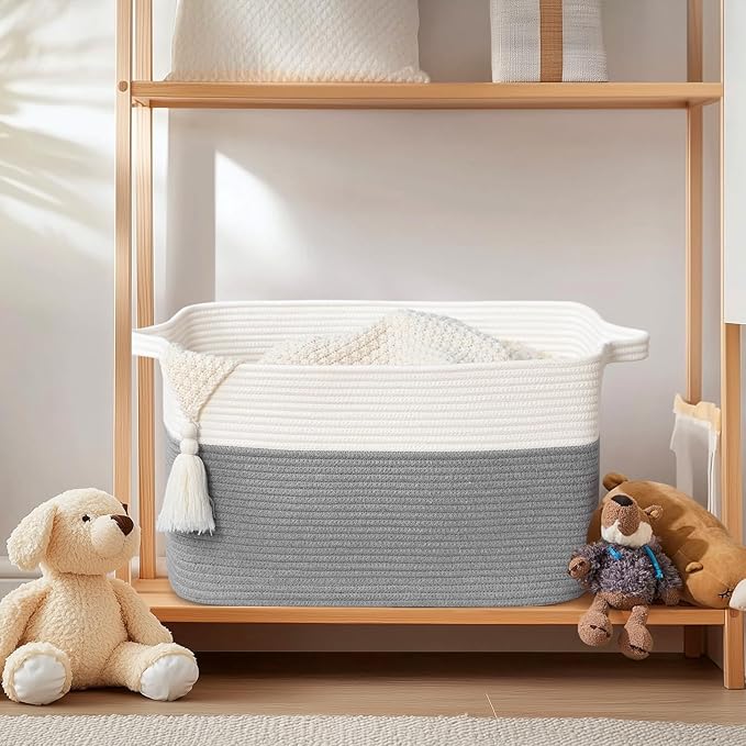 Large Blanket Basket, 60 L Rectangle Storage Baskets for Organizing, Woven Laundry Basket for Blankets, Cotton rope Blanket Storage for Living Room, Nursery Room, Gray