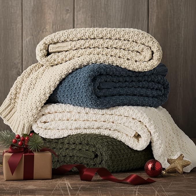 EVERGRACEHOME Chunky Chenille Knit Throw Blanket for Couch, Soft Luxurious Moss Stitch Blankets for Bed, Cozy Decorative Farmhouse Knitted Throws for Sofa, Ivory White, 50" x 60"