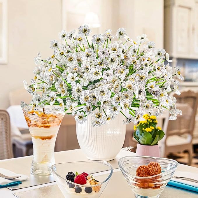 Krissing 48 Bundles Outdoor Artificial Flowers UV Resistant Fake Silk Flowers Faux Plastic Plants Outside Garden Porch Window Box Summer Decoration (White)