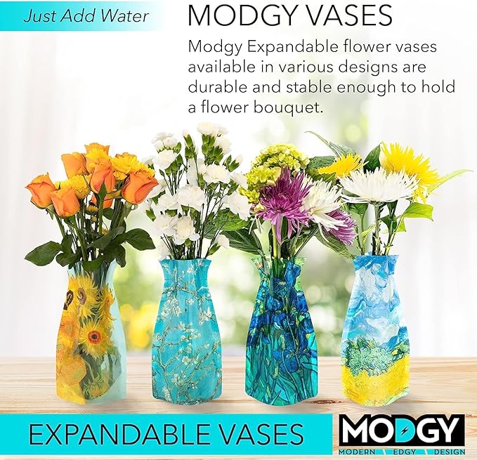 MODGY Expandable Flower Vase Set, Plastic Decorative Modern Foldable Printed Vases for Centerpieces for Wedding, Dining Table, Home Decor, Living Room, Bathroom, Office, Vincent Van Gogh, 4 Pack