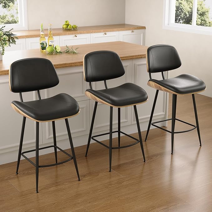 Mid Century Modern Bar Stools Set of 4, PU Leather Counter Height Stools with Walnut Bentwood Back & Metal Legs, 26.7" Barstools Kitchen Island Chairs with Footrest for Home Bars, Black