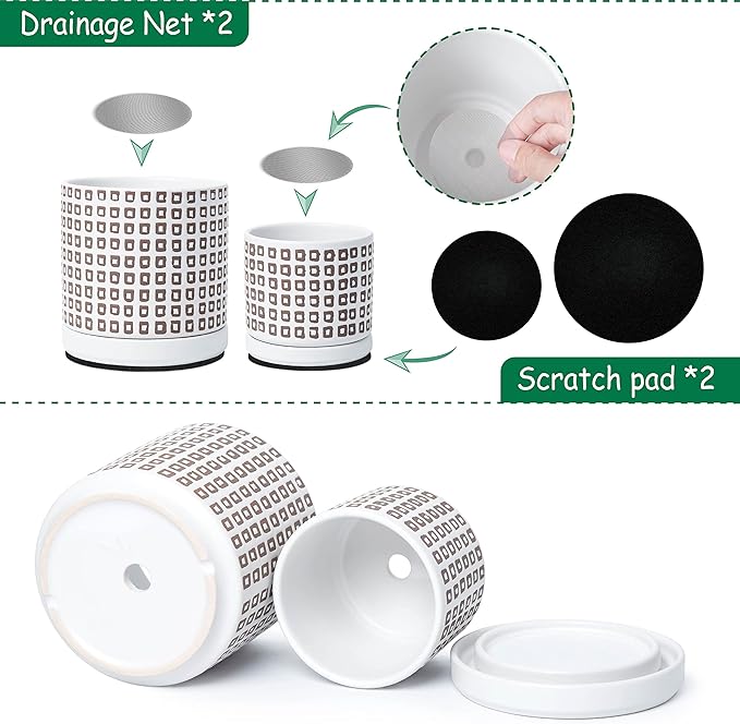 D'vine Dev Set of 2 Ceramic Planter Pots with Drainage Hole and Saucer, 4.5 Inch 6 Inch Plant Pots for Plants Indoor Houseplants, White, 99-A-1