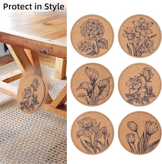 Coasters for Drinks 12 pcs Absorbent Cork Coasters with Flower Coaster for Coffee Table Housewarming Gifts for New Home Present for Friends, Living Room Decor, Apartment Decor