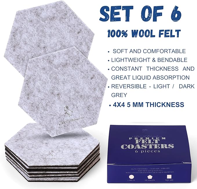 A&A Wonders Premium Felt Coasters for Drink, Two-Tone Reversible, Absorbent Felt Protects Furniture, Table, Anti Slip, Suitable for Drinks & All Table Types (Light Gray/Dark Gray, Hexagon 6 Pack)
