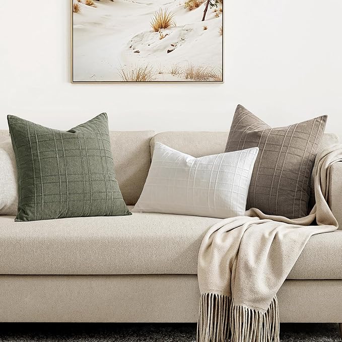 MIULEE Decorative Linen Check Throw Pillow Covers Neutral Farmhouse Vintage Pillow Covers 18x18 Set of 2 Boho Modern Winter Home Decor for Sofa Couch Bedroom Cushion Tan Taupe