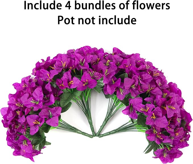 Fake Bougainvillea Artificial Flowers for Outdoors, 4 Bundles Realistic Fake Flower UV Resistant Silk Flowers for Outside, Faux Plants for Planter Patio Porch Window Garden Home Decoration (Purple)