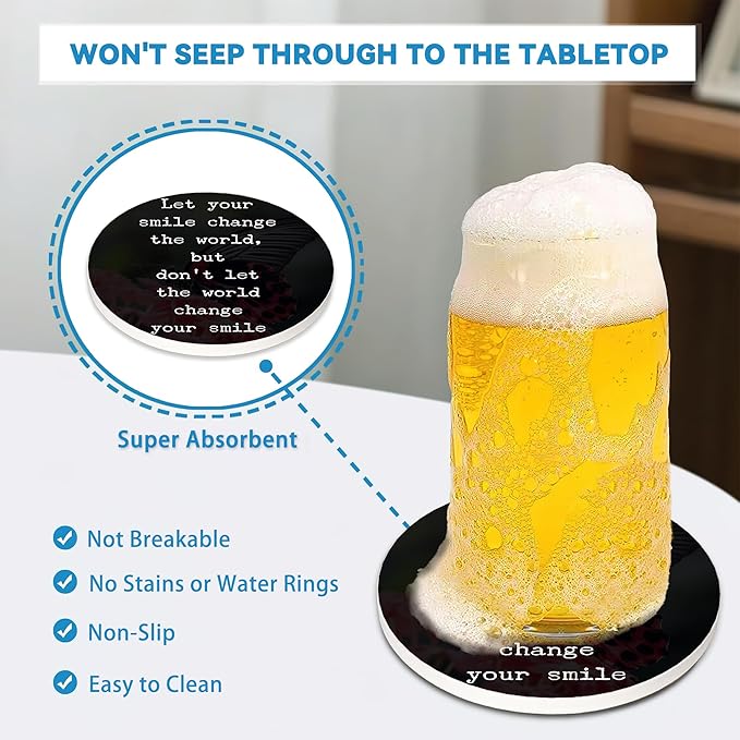 Drinks Coasters Set of 4, Inspirational Positive Quotes Round 4" Cup Coasters, Absorbent Ceramic Stone Coasters with Cork Base, Cute Coasters for Table Home Décor, Ideal Gifts for Women Men