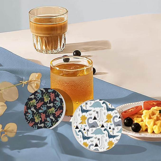 Drink Coasters Set of 6 with Holder, Dinosaur Absorbent Ceramic Drink Coaster for Tabletop Protection,Suitable for Kinds of Cups,Drinks Coasters for Home Office Decoration(4 Inches)