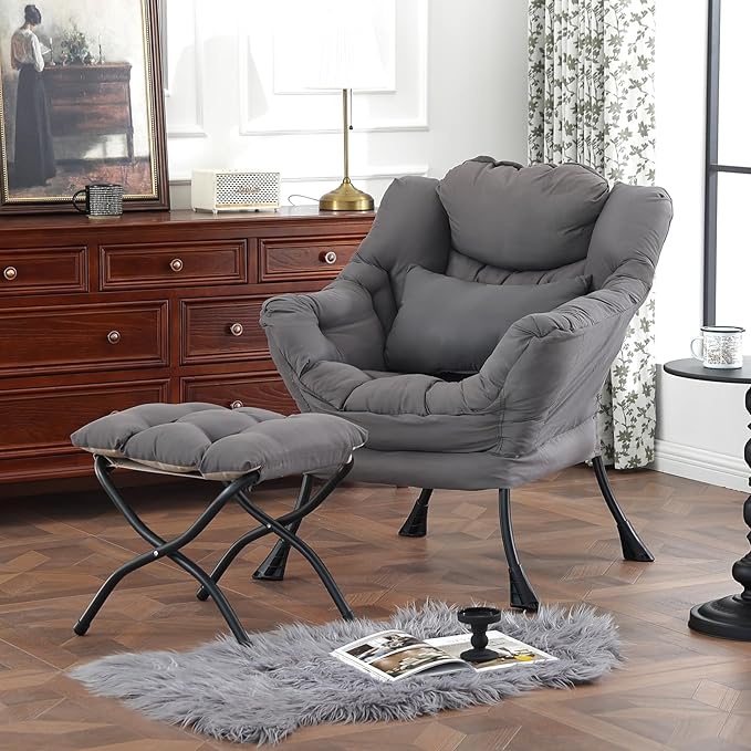 Lazy Chair with Ottoman, Modern Accent Chair with Lumbar Pillow, Comfy Chairs with Folding Footrest for Bedroom, Reading, Oversized Supportive Lounge Chairs(Dark Grey)
