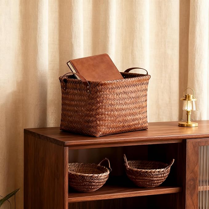 15L Laundry Baskets Waterproof Storage Baskets For Shelves Large Laundry Hamper With Leather Handle -set of 4 Cube Organizers Woven Bins for Bathroom,Bedroom,Pantry,Clothes,Car & Towels-Brown