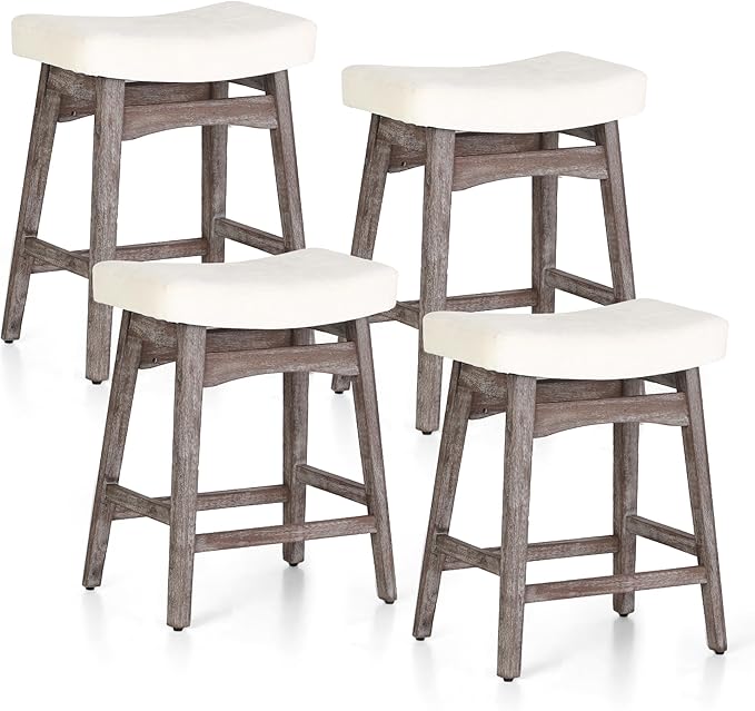PHI VILLA Farmhouse Bar Stools Set of 4 - Wood Bartools with Upholstered Saddle Seat, 24 inch stools for Kitchen Counter Set of 4