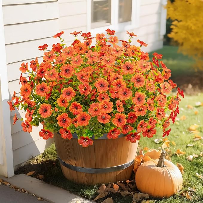 16 Bundles Artificial Flowers Outdoor Spring Summer Decoration Fake Silk Colorful Daisy Eucalyptus Realistic UV Resistant Outside Faux Plants for Garden Porch Window Box Home Decor (Orange)