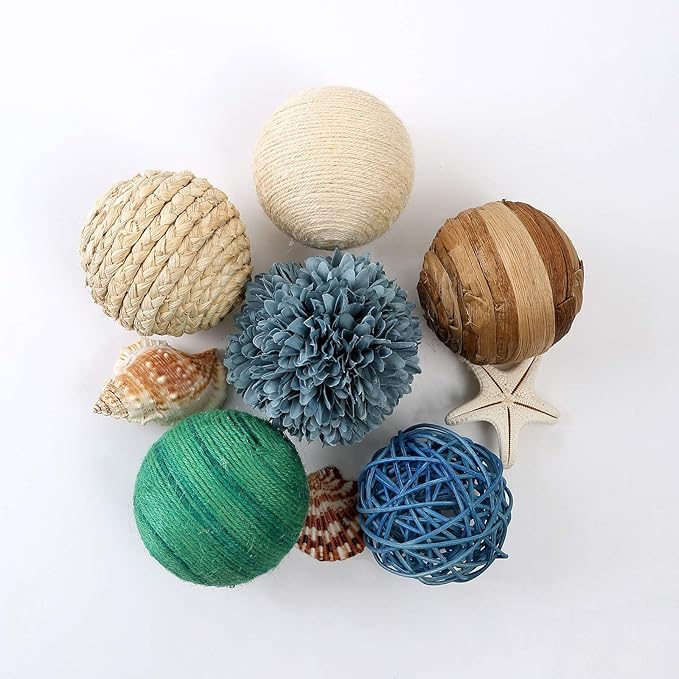 6 Pcs 3.5in Summer Spherical Decorative Balls - Blue & Green Rattan Balls with Twine for Vase & Bowl Fillers