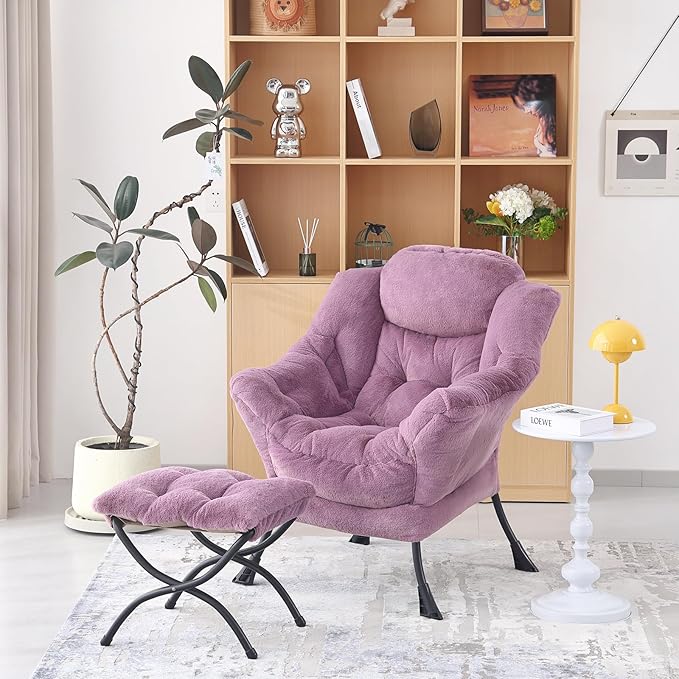 Welnow Lazy Chair with Ottoman, Modern Lounge Accent Chair with Armrests and a Side Pocket, Leisure Sofa Armchair Set, Reading Armchair with Footrest for Small Space, Plush Purple