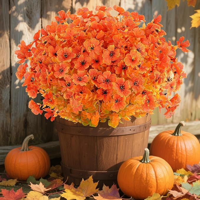 AmyHomie 16 Bundles Orange Artificial Fall Flowers for Outdoors Fall Decor UV Resistant Fake Mums Flowers No Fade Fake Plastic Plants Garden Porch Window Box Decorating