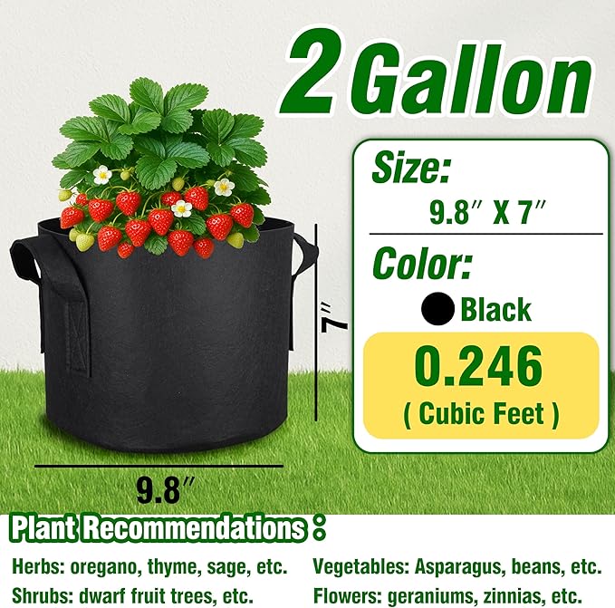 PHYEX 12-Pack 2 Gallon Grow Bags, Heavy Duty Fabric Pots with Handles, Reusable Plant Bags for Vegetable, Herbs & Flowers, BPA-Free, Breathable, Durable