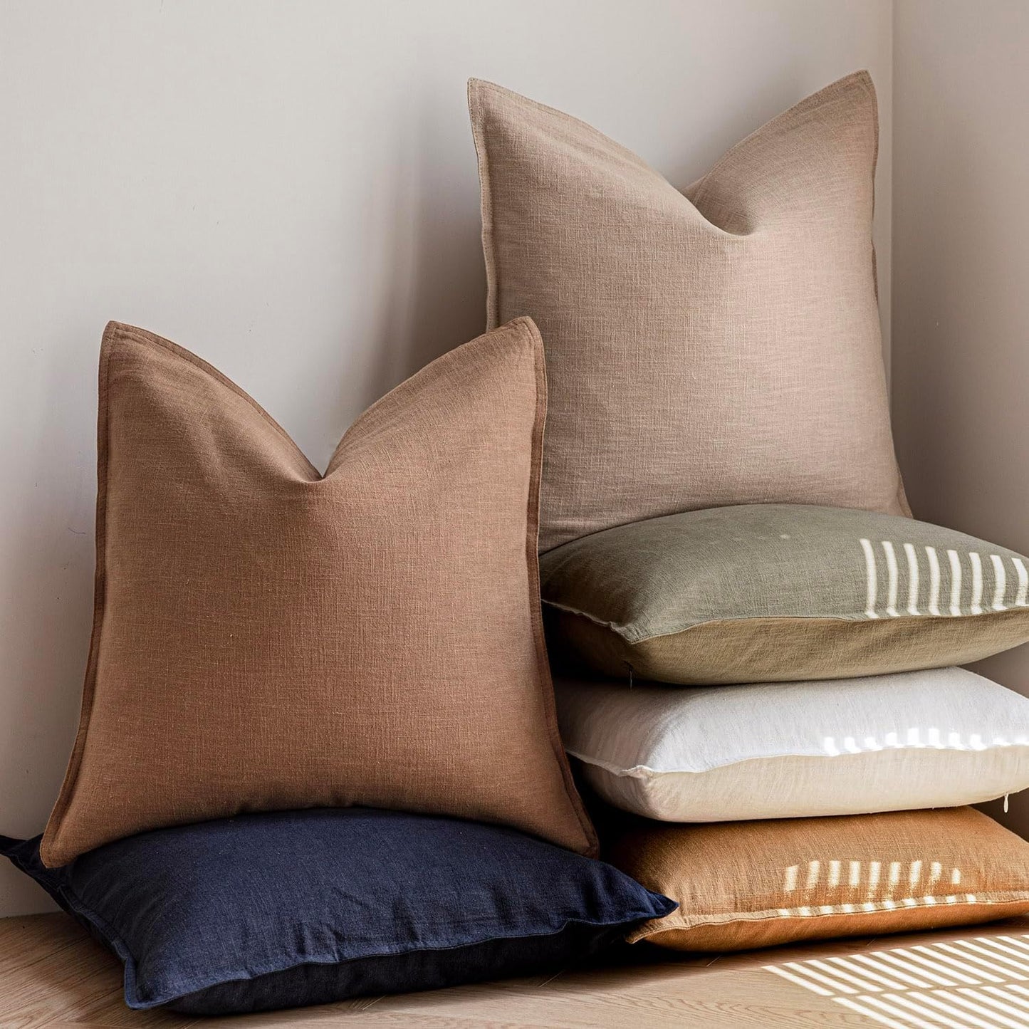 Foindtower Pack of 2, Decorative Linen Soild Throw Pillow Covers Soft Accent Cushion Case Farmhouse Neutral Pillowcase for Chair Couch Sofa Bedroom Living Room Home Decor 18 x 18 Inch Tan Beige