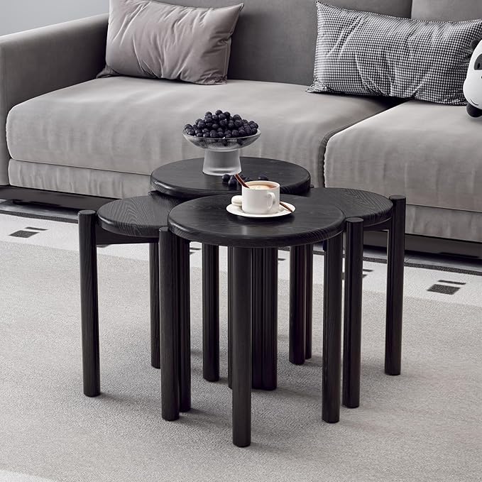 Stackable Stools Set of 4,Wood Stool,18 Inch Stool,Stacking Stools,Nesting Table,Sturdy and Durable,No Installation Required,Top Stackable Round Side Table (Black Barstool)