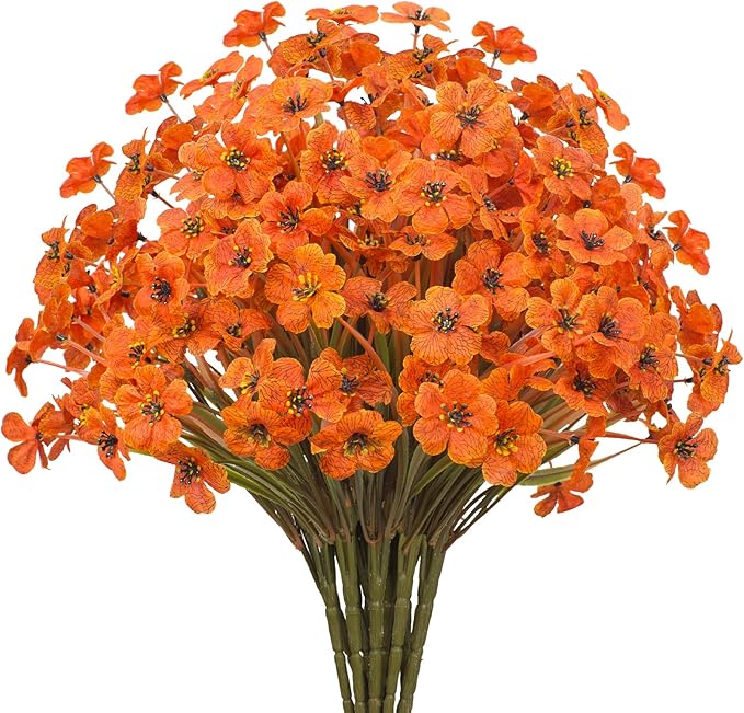 15 Bundles Artificial Flowers UV Resistant Outdoor Plants No Fade Faux Plastic Shrubs Fake Silk Flowers Window Box Garden Porch Home Decoration(Light Autumn Orange)