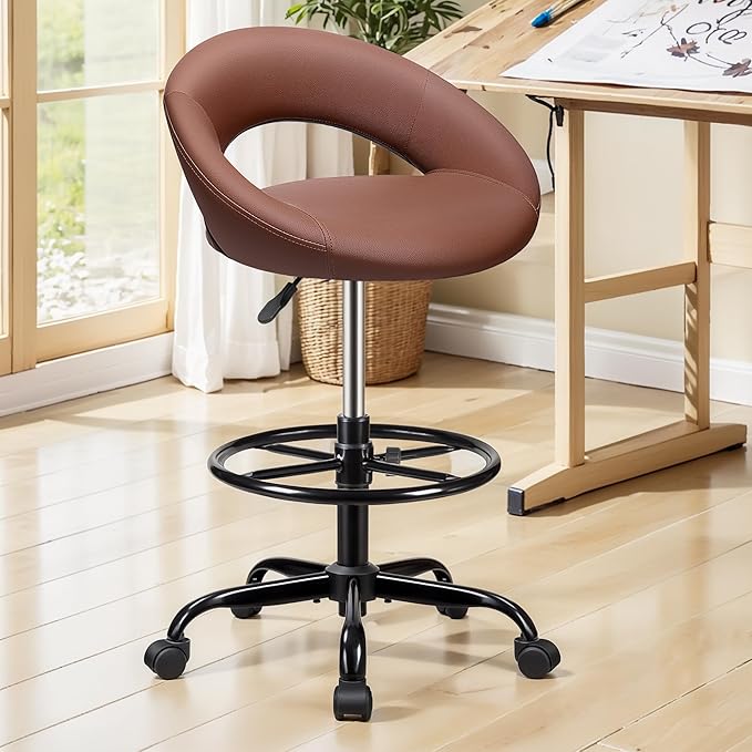 Drafting Chair with Back, Height Adjustable Rolling Stool with Foot Rest, Tall 360° Swivel Stool PU Leather Chair with Wheels for Home Office, Standing Desk, Brown