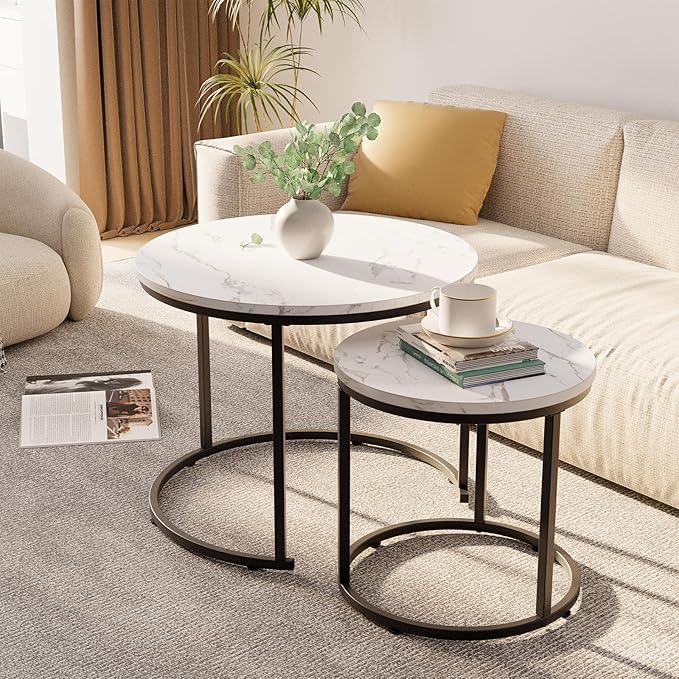 aboxoo Round Nesting Coffee Table Side Table Set of 2 End Tables for Living Room Bedroom Balcony, White Faux Marble Wooden Table Accent Coffee Table with Black Steel Frame