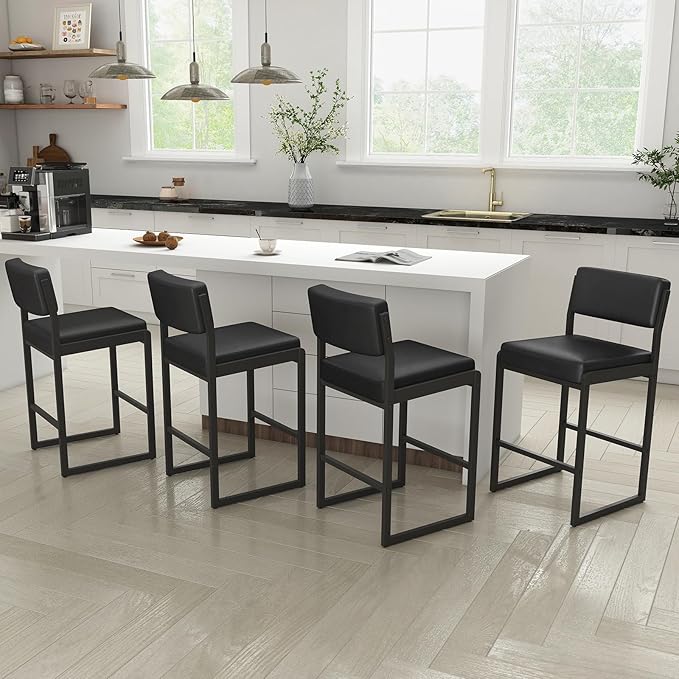 Mid Century Modern Counter Height Bar Stools Set of 3, 26" Bar Height Chairs with Backs, Upholstered Counter Stools, Metal Barstools for Kitchen Island (Black- Faux Leather, 26"H - Set of 4)