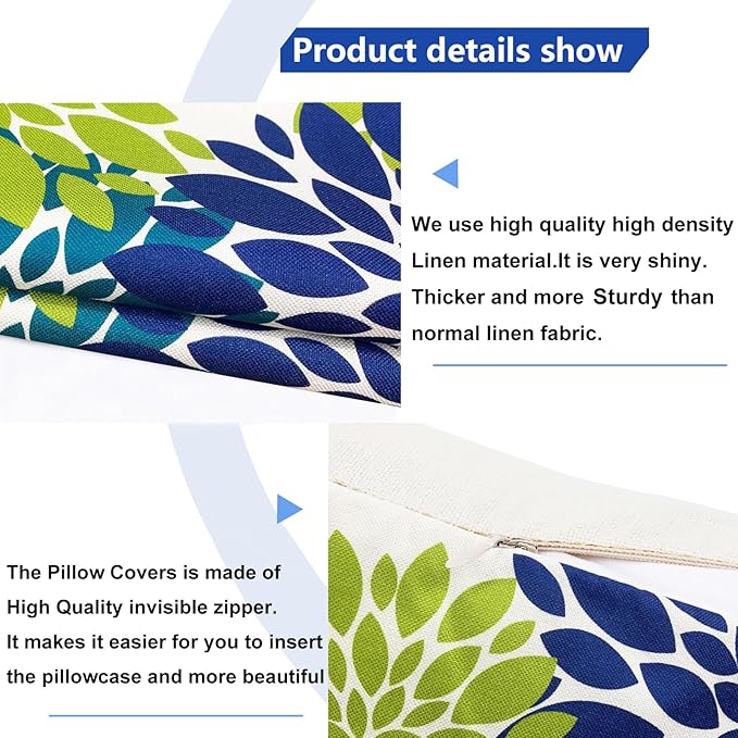 Decorative Throw Pillow Covers Set of 2 Blue Green Pillow Covers 16x16 Inch Couch Pillow Covers for Sofa Living Room Outdoor Throw Pillow Cover Linen Floral Flower Farmhouse Pillowcase