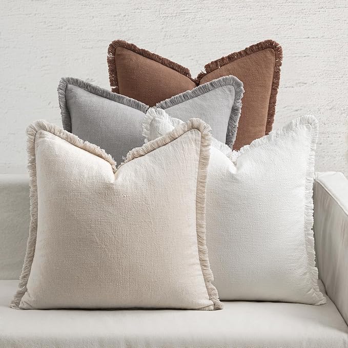 MIULEE Decorative Couch Pillow Covers Neutral Linen Fringe Throw Pillows Set of 4 Mid Modern Cushions Boho Farmhouse Pillowcases for Bed Sofa Living Room Home Decor 18x18 Inch Beige/Brown/Grey