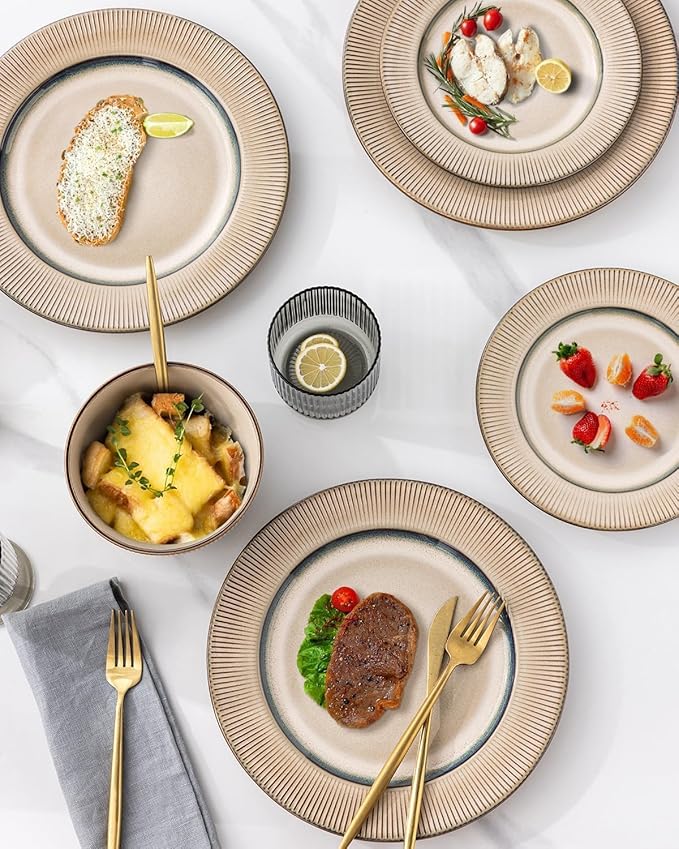 GBHOME Ceramic Dinnerware Sets, 24 Piece Embossed Elegant Stoneware Plates and Bowls Sets, Housewarming Wedding Gift | Dishwasher & Microwave Safe | Dishes Set Service for 8