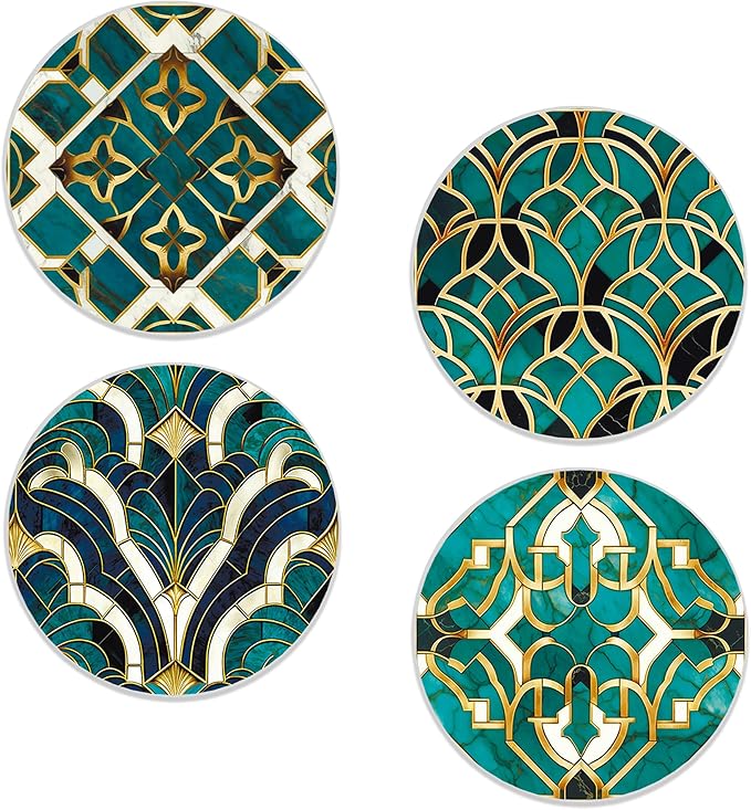 Green Marble Coasters Set of 4, Round Absorbent Ceramic Cup Mat with Cork Base, Cute Coasters for Table Home Decor, Ideal Gifts for Women Men