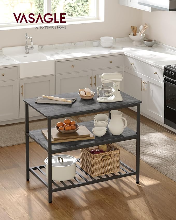 VASAGLE Kitchen Island with 3 Shelves, 39.4 Inches Width Kitchen Shelf with Large Worktop, Stable Steel Structure, Industrial, Easy to Assemble, Ebonised Oak and Black UKKI005B42