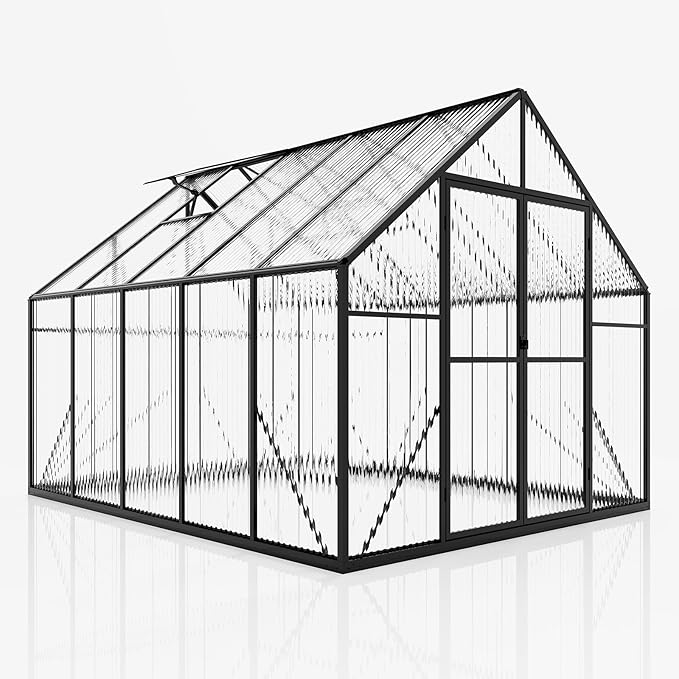 Amerlife 8x10x7 FT Polycarbonate Greenhouse for Outdoors, Walk-in Design with Aluminum Frame, 2 Windows and Swing Door, Heavy-Duty Greenhouse Construction for Garden, Black