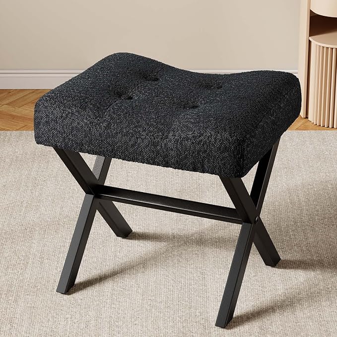 18-Inch Large Vanity Stool Chair, Vanity Bench with Metal X-Legs, Ottoman Accent Stool with Breathable and Soft Boucle Fabric Saddle Seat, Black
