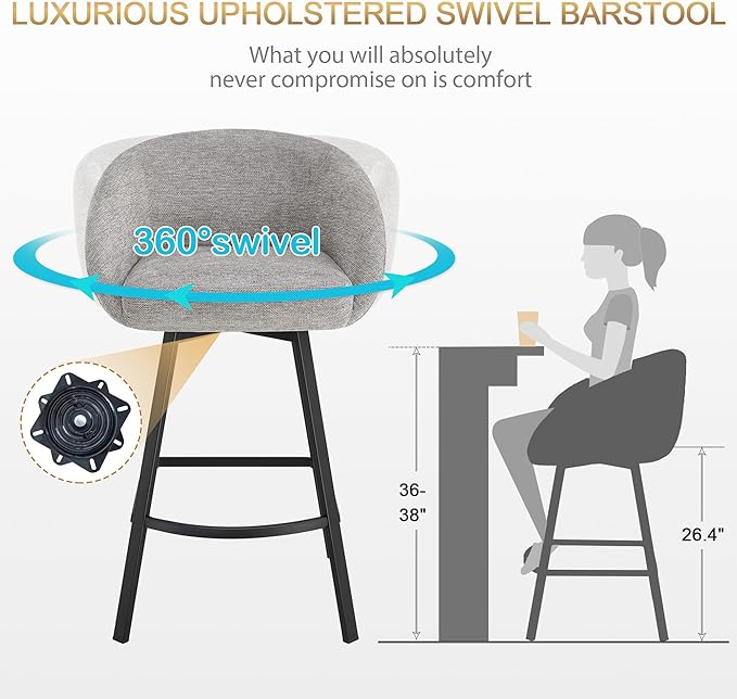Zesthouse Swivel Counter Height Stools Set of 2, Modern Bar Stools for Kitchen Island, 26" Upholstered Kitchen Counter Height Barstools with Barrel Arms & Backs, Grey Linen Fabric Bar Chairs