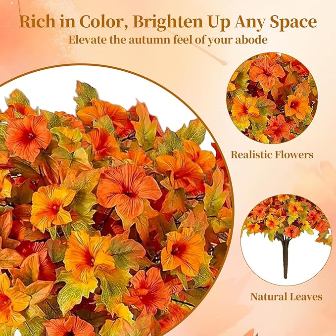 4 Pcs Artificial Fall Fake Flowers Plants for Outdoor Decoration,No Fade Faux Petunias,UV Resistant Realistic Autumn Silk Flowers,for Home Garden Balcony Yard Porch Deco (Orange Yellow)
