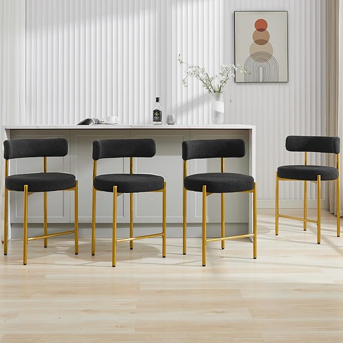 24'' Boucle Bar Stools Set of 4, Black Bar Stools with Backs, Counter Height Bar Height Stools for Kitchen Island, Upholstered Bar Chairs with Gold Legs